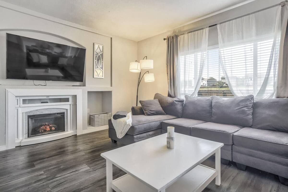 TV, fireplace, video game console