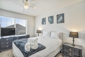 3 bedrooms, desk, laptop workspace, iron/ironing board