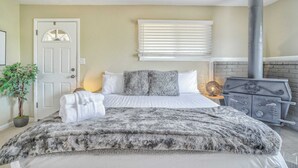 Un dormitorio con cama, planta en maceta, chimenea y una puerta.