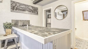 A modern bathroom with a marble sink, a potted plant, and a painting on the wall. - 2BD Cozy Retreatclose to Red Rocksdogs Welcome! (Colorado Springs)