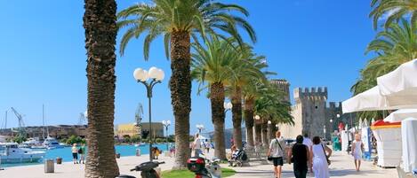 A coastal promenade with palm trees, a castle in the background, and a marina with boats.