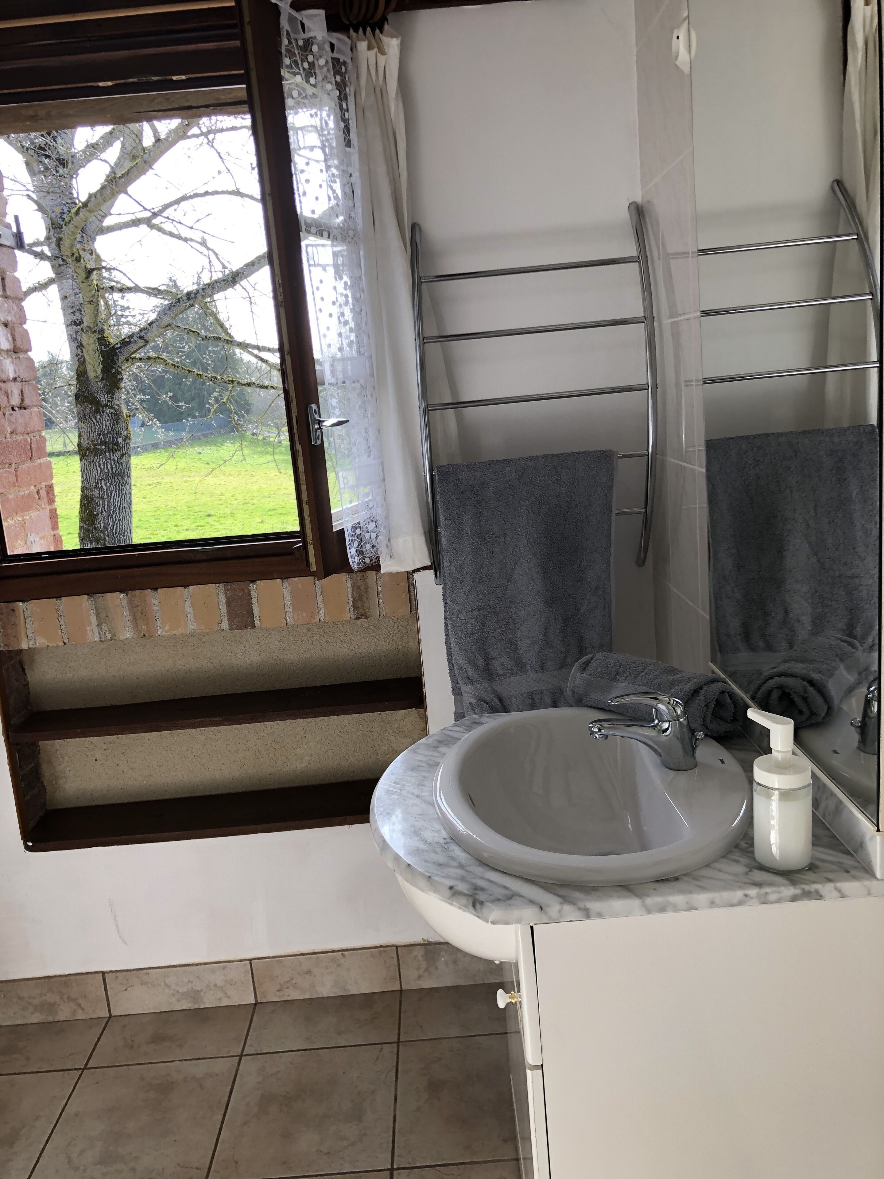 Un baño con lavamanos, espejo, toallero y vista a un árbol exterior.