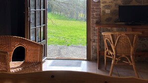 A room with a stone wall, a wooden ceiling, a large open door leading to a green outdoor area, a wicker chair, a small table, and a television on a wooden stand. - Maison d'hôtes Ourdeaux et gîte Chez Rouchon (Alleyrat)