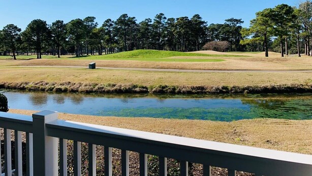 Blick auf einen Golfplatz mit Teich, Bäumen und einer Rasenfläche.