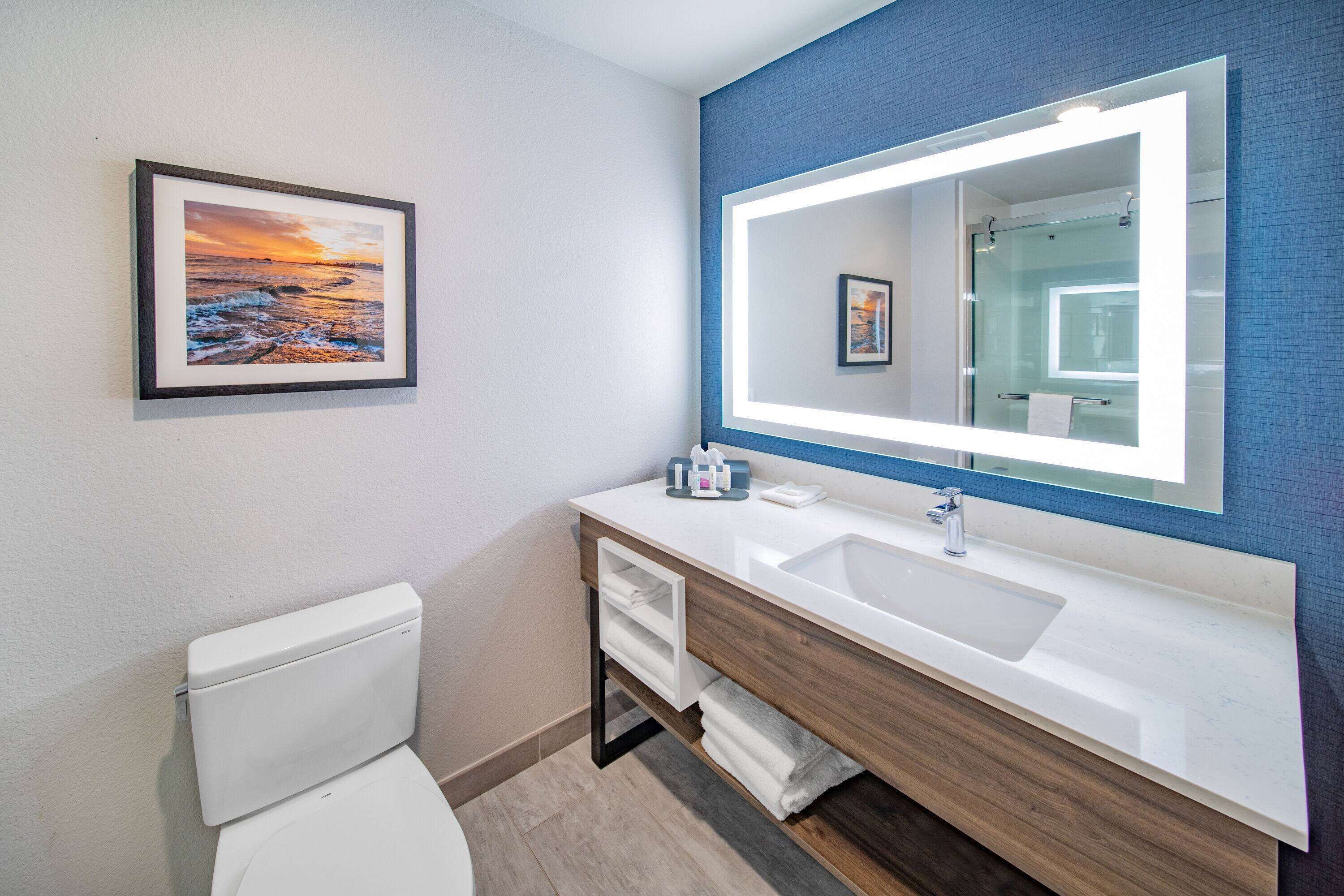 Uma casa de banho moderna com um espelho grande, lavatório branco e um quadro com uma imagem de um pôr do sol na parede.