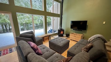 TV connectée, cheminée, livres, chaîne hi-fi