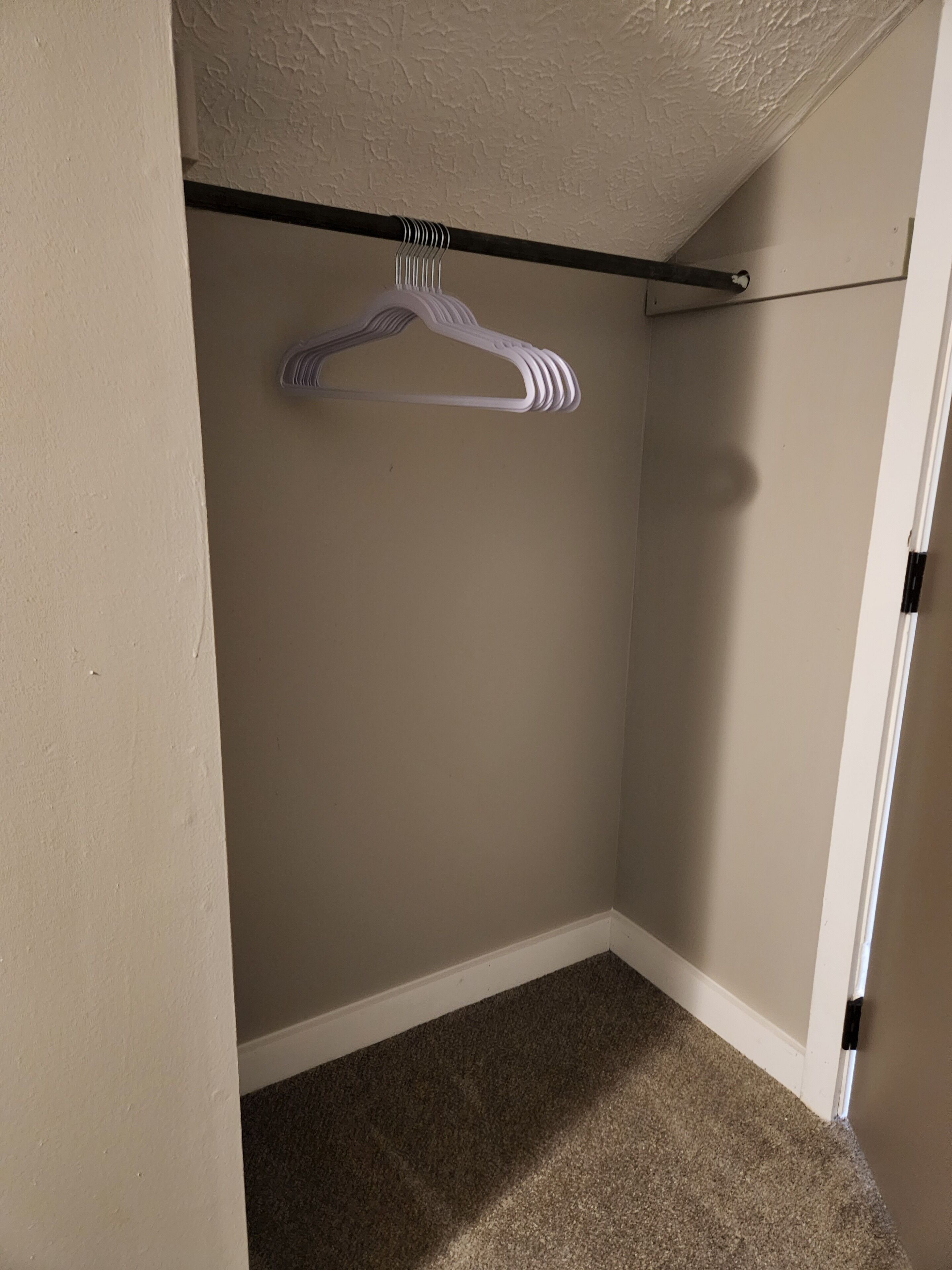 A small, carpeted room with a beige wall and a white door.