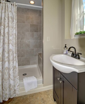 Bathtub, hair dryer, towels, toilet paper