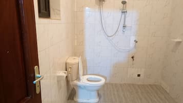 Shower, towels, toilet paper