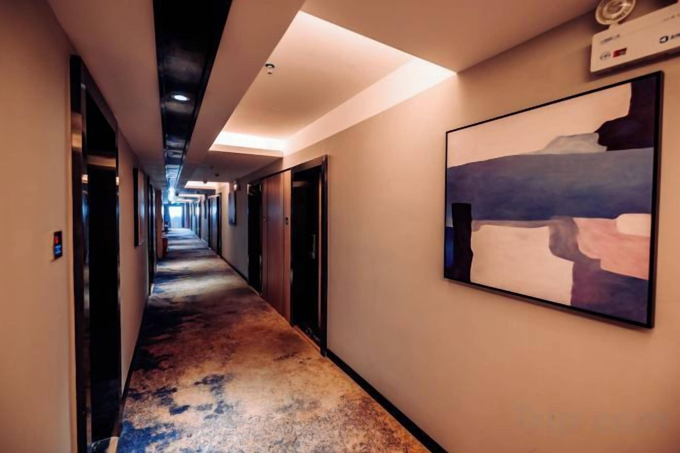 Un pasillo de hotel con puertas a ambos lados, un cuadro en la pared y una lámpara en el techo.