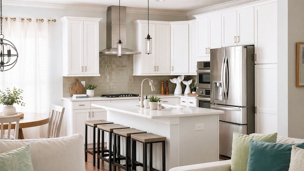 A modern kitchen with white cabinets, stainless steel appliances, and a central island with stools.