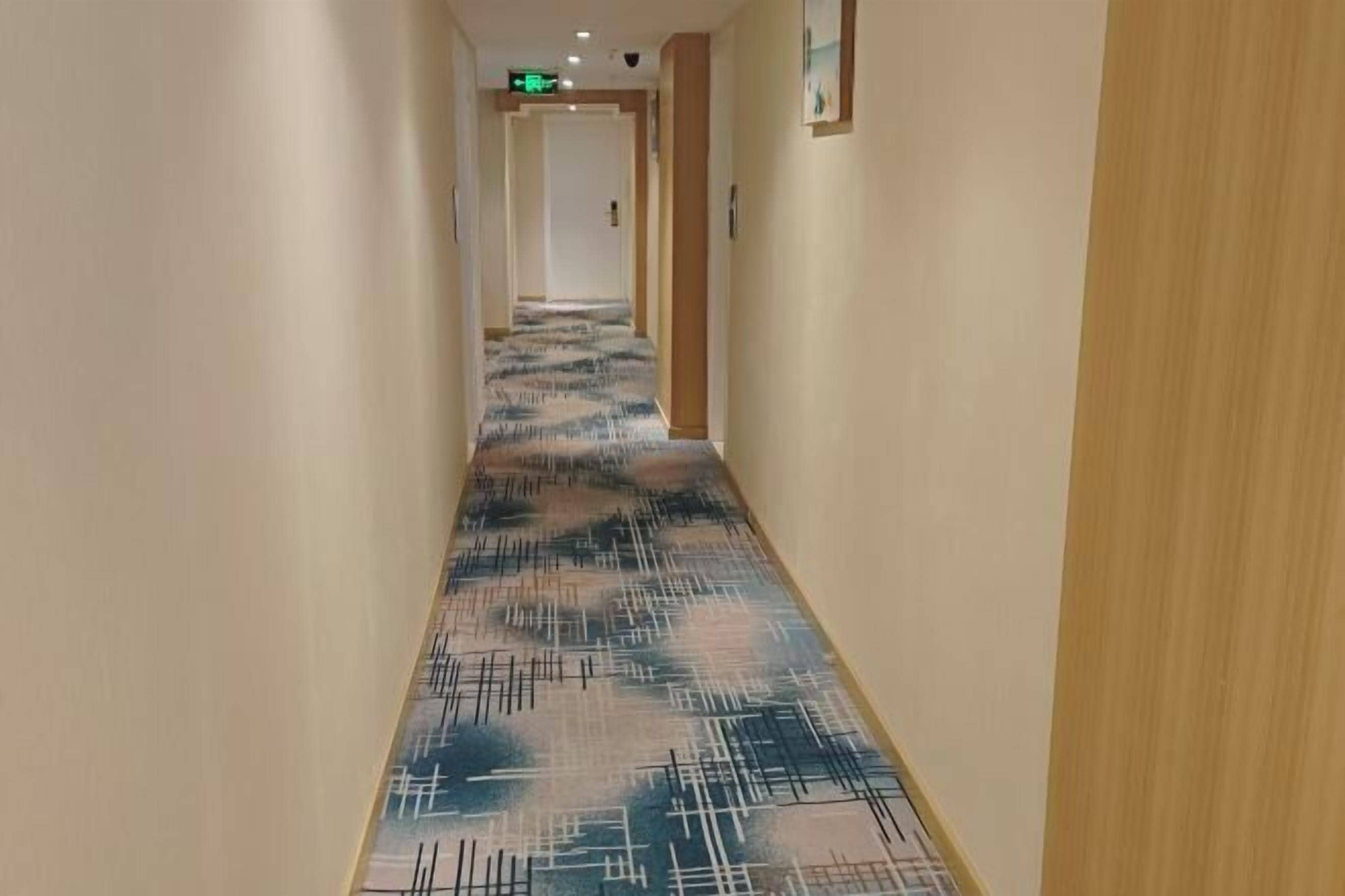 Un pasillo con alfombra estampada, paredes color beige y paneles de madera.