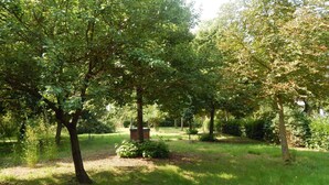 Un parque con varios árboles, una zona verde y una construcción de ladrillo.