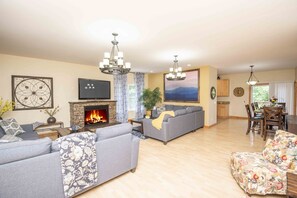 Smart TV, fireplace, video games, DVD player