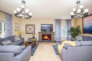 Smart TV, fireplace, video games, DVD player