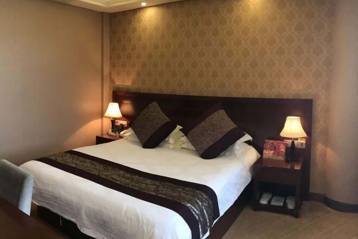 Habitación de hotel con una cama grande, dos mesitas de noche con lámparas y una pared con diseño.