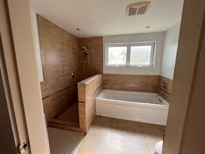 Bathtub, hair dryer, towels, toilet paper