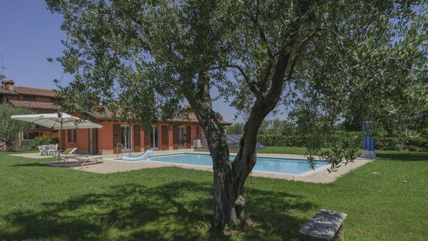 Una villa con piscina, un patio con mobiliario exterior y un gran árbol en primer plano.