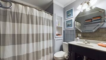 Combined shower/tub, hair dryer, towels