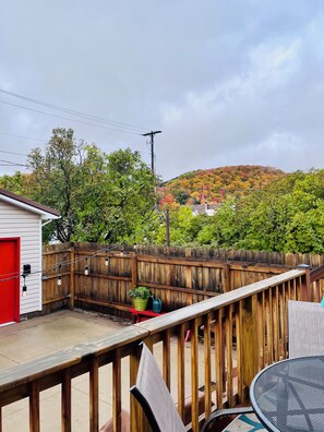 Ein Garten mit Holzzaun, roter Tür und einer Terrasse mit Tisch und Stühlen.