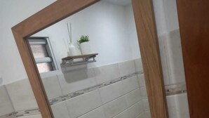 A bathroom with a white sink, a mirror, and a shelf with a plant.
