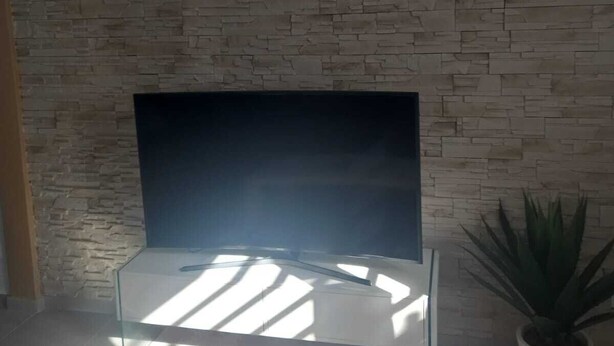 A modern living room with a stone wall, a flat-screen TV mounted on the wall, a glass coffee table, and a potted plant.