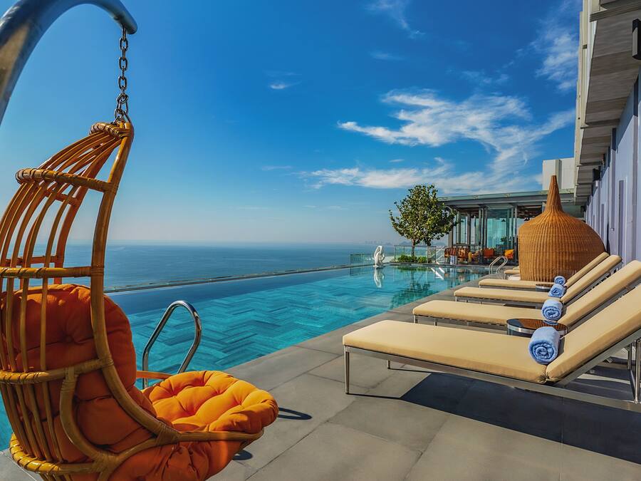 Outdoor pool, sun loungers