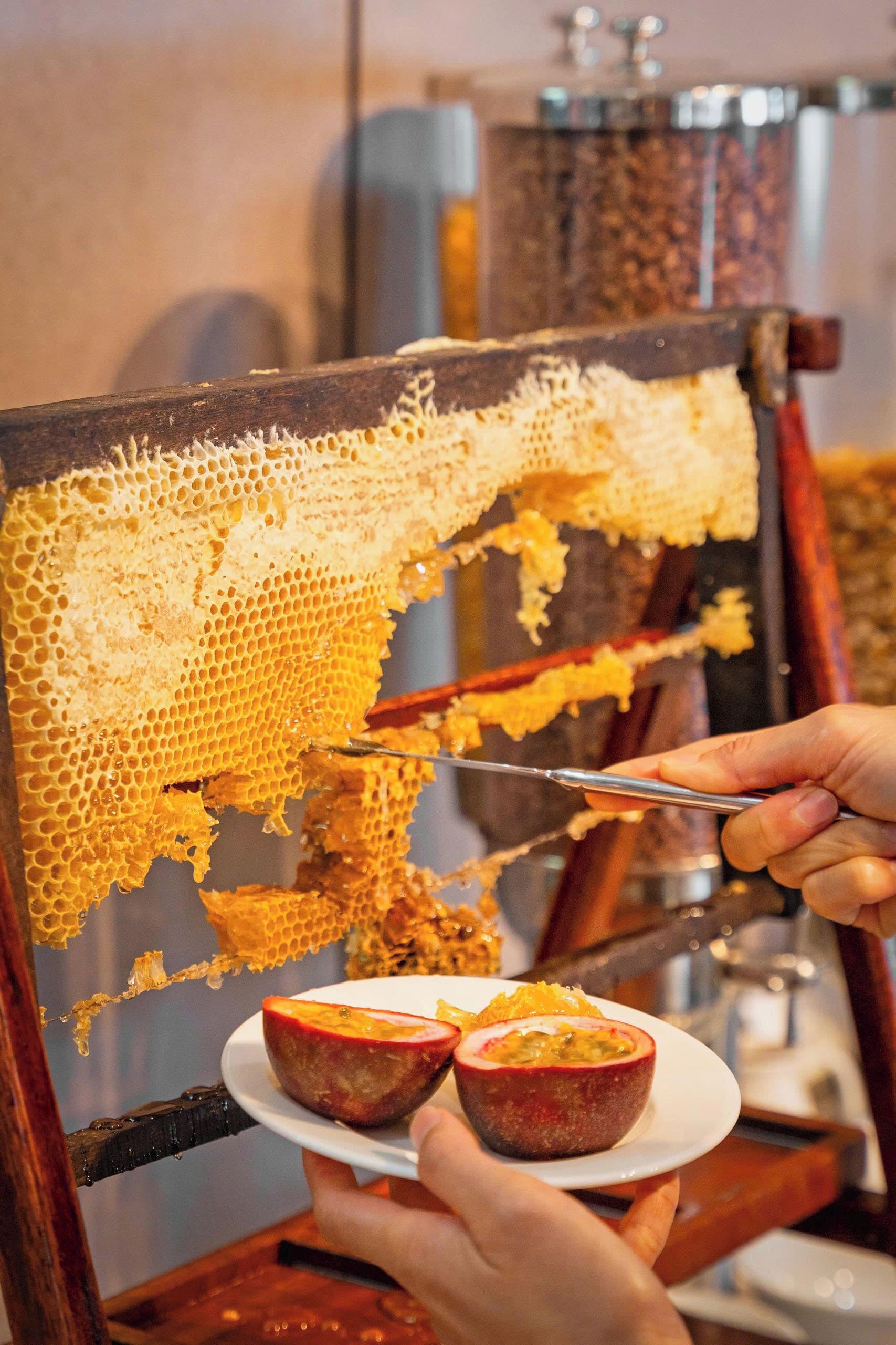 A person extracting honeycomb from a wooden frame, with a plate of food in the foreground.