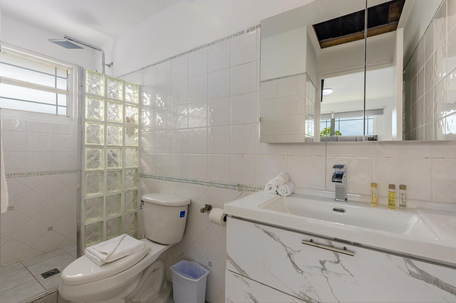 Een badkamer met toilet, een douchecabine met glazen wanden, een wastafel met toiletartikelen en een spiegel.