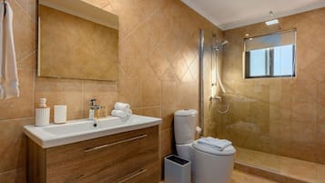 Une salle de bain moderne avec un meuble-lavabo en bois, un grand miroir, une douche dotée d’une paroi en verre et une fenêtre laissant entrer la lumière naturelle.