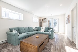 TV connectée, cheminée, livres, chaîne hi-fi