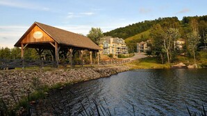 Una cabaña con un pabellón cubierto y una casa grande junto a un lago.