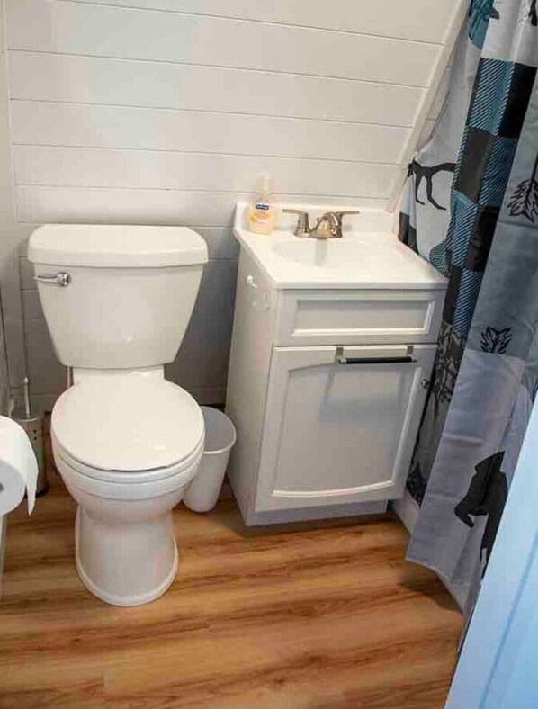 A small bathroom with a toilet, a sink, and a shower curtain.