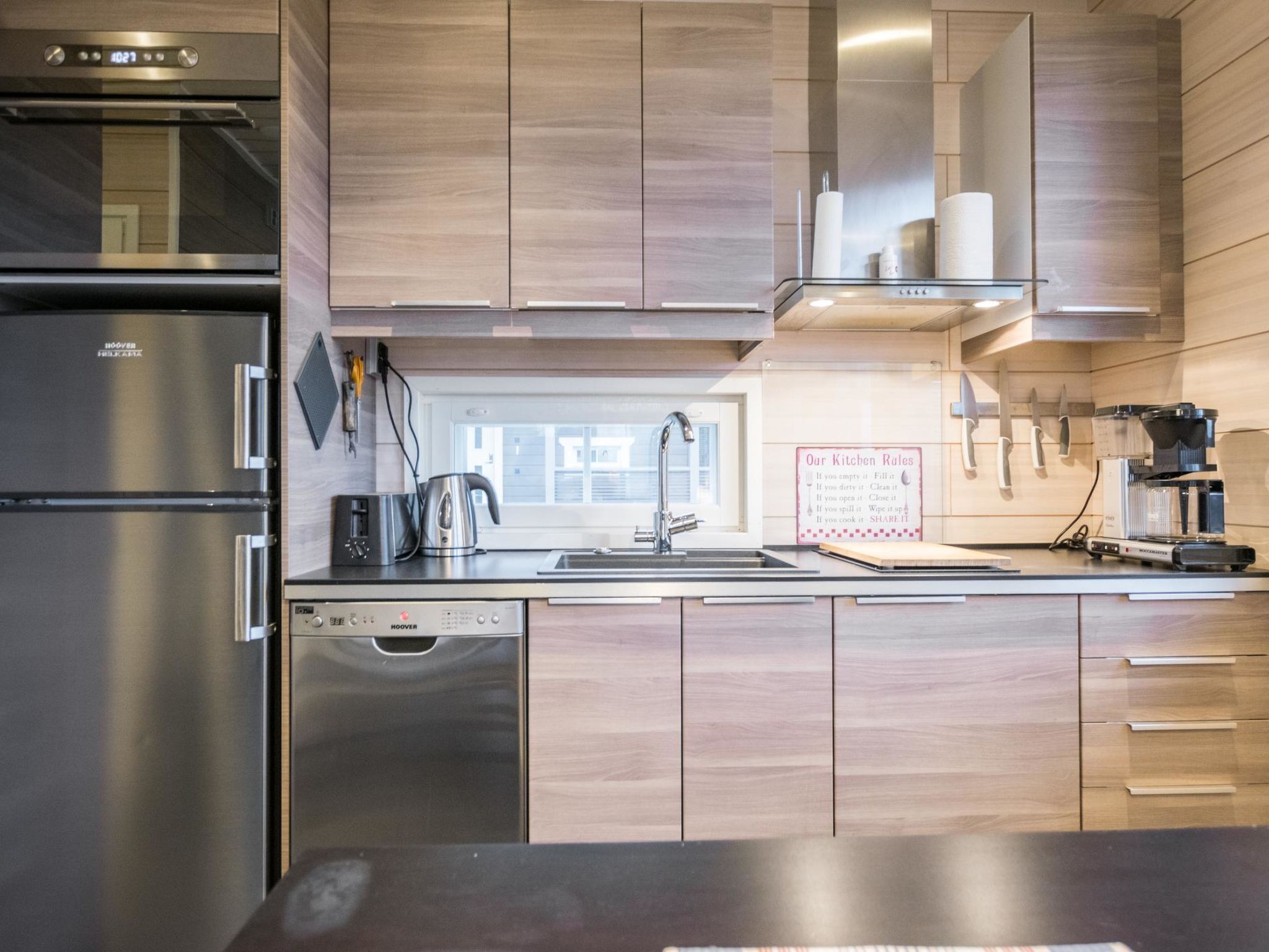 Fridge, microwave, dishwasher, cookware/dishes/utensils