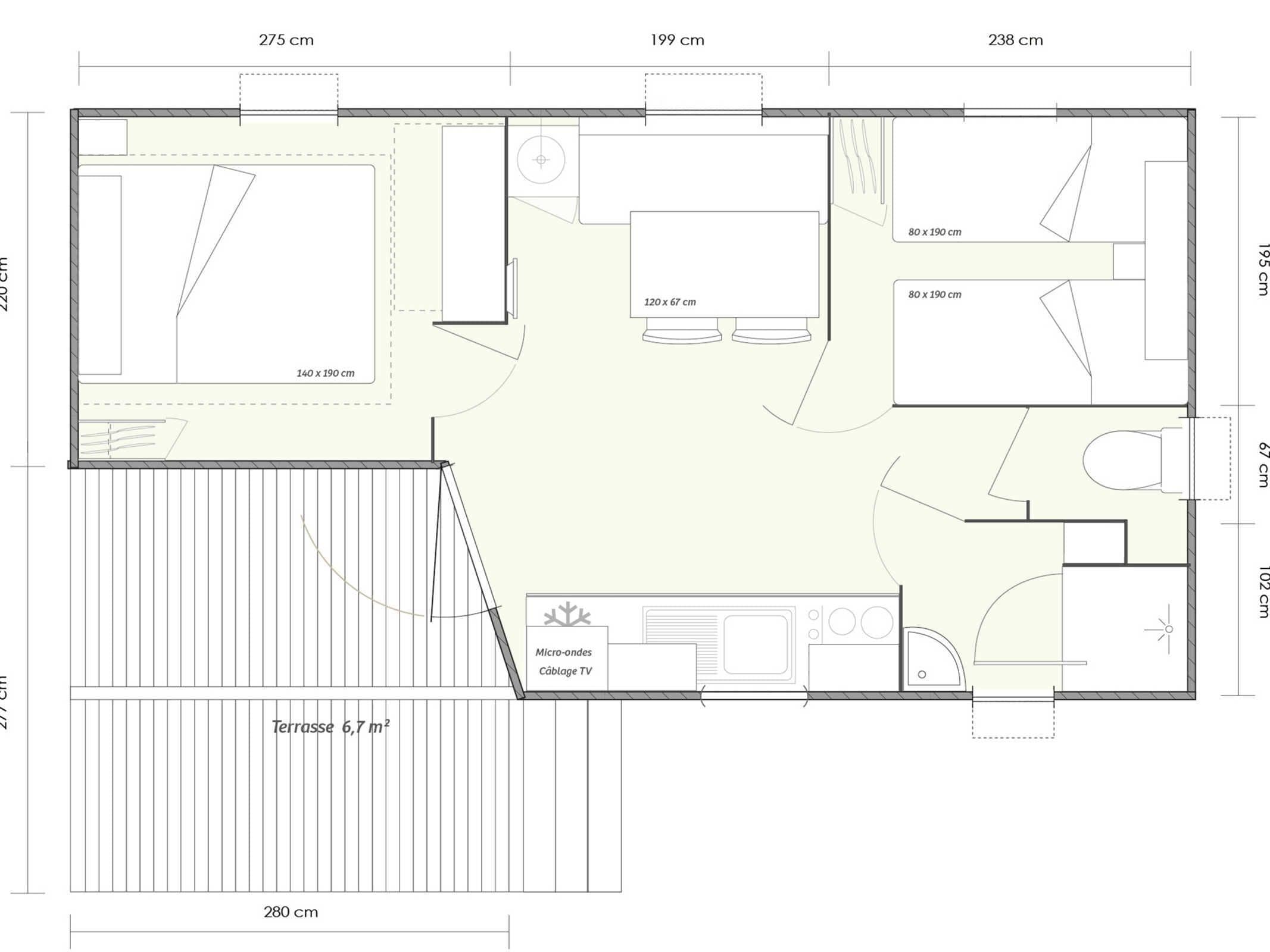 A floor plan of a hotel room with a bathroom, kitchenette, and a terrace.