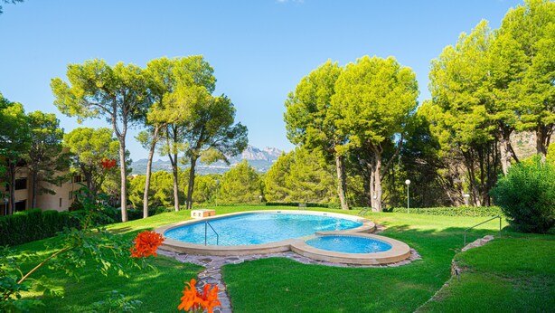 Una piscina de diseño curvo, rodeada de césped y árboles cuidados, con vistas a la montaña al fondo.