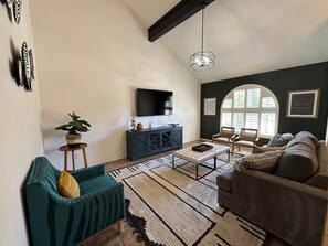 Smart TV, fireplace, foosball