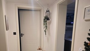 Un couloir avec un plancher en bois, une porte blanche, une plante suspendue, deux lanternes et un sapin de Noël décoré.