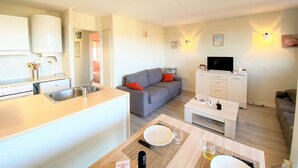 A compact living space with a kitchenette, a sofa, a TV, and a dining area.