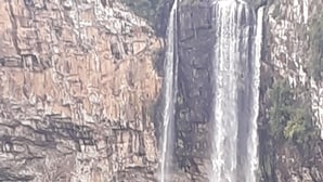 Een waterval stort neer over een rotswand, omringd door weelderige begroeiing.