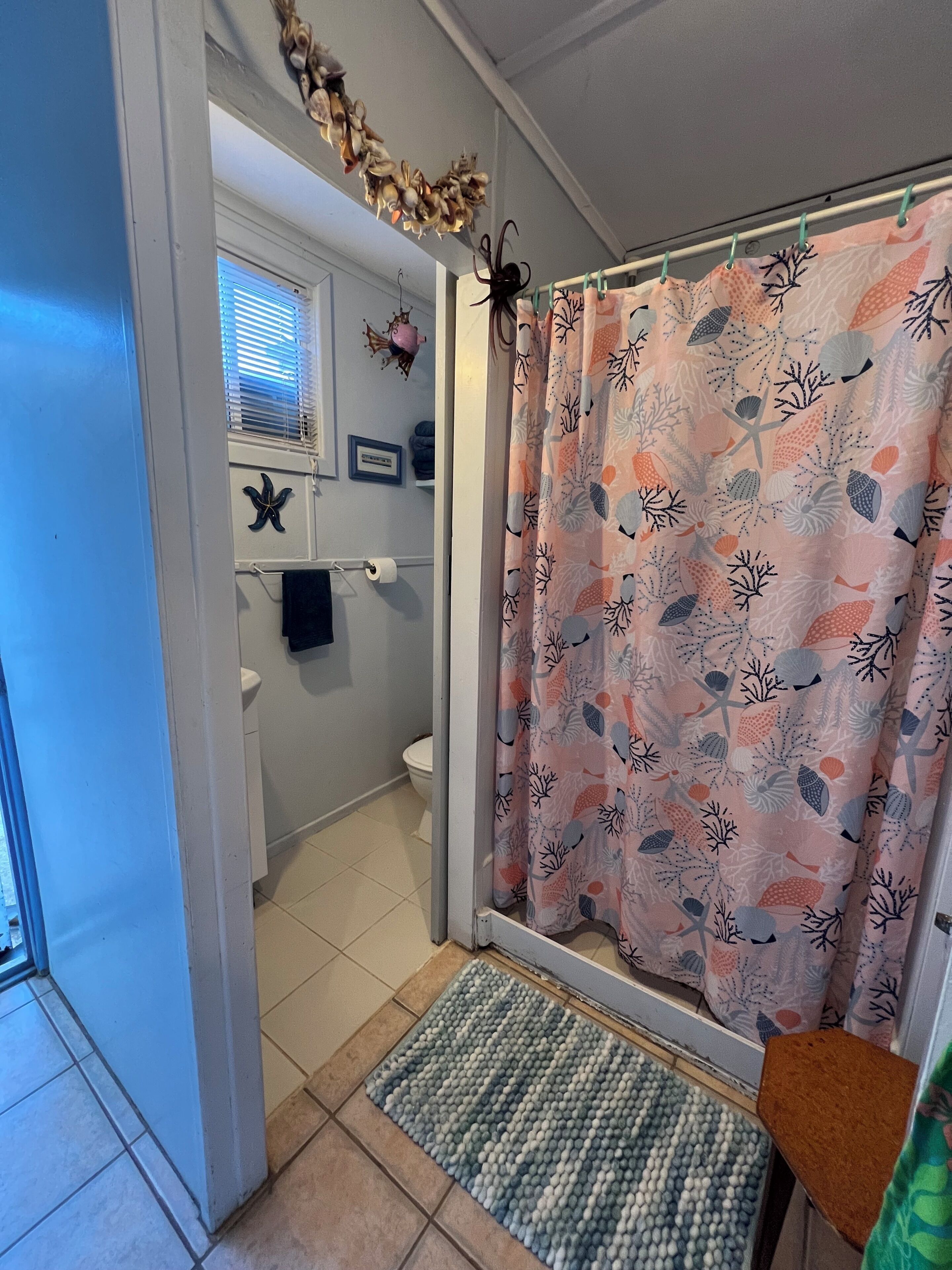 A bathroom with a shower curtain, toilet, and a decorative wall.