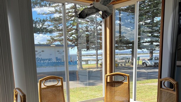 A dining area with a round glass table and wicker chairs, large windows with a view of trees and a building with a sign. - Family Friendly Shack with Bay Views (Fisherman bay)