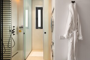 Shower, hydromassage showerhead, hair dryer, bathrobes