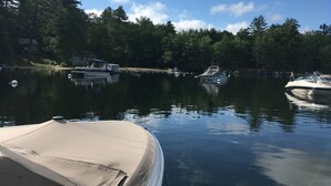 Un lago tranquilo con barcos amarrados a la orilla, rodeado de árboles frondosos.