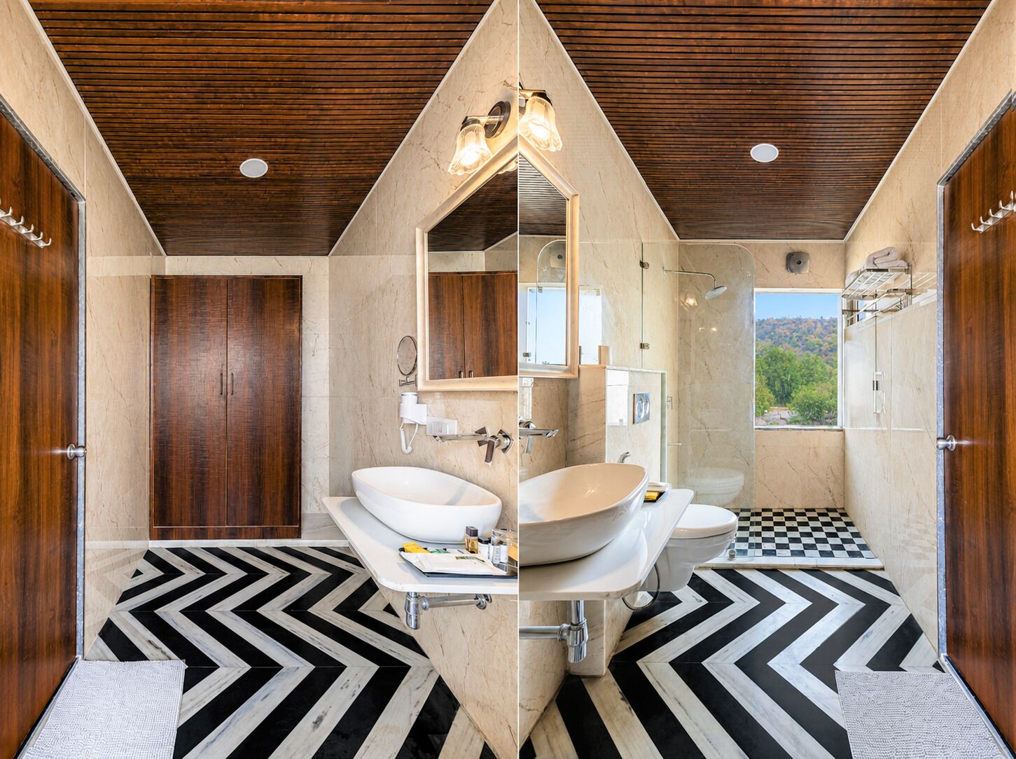 A modern bathroom with a large mirror, two sinks, a bathtub, and a shower.