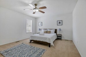2 bedrooms, memory-foam beds, desk, iron/ironing board