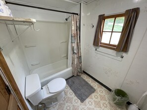 Combined shower/bathtub, soap, toilet paper