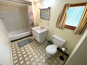 Een bad/douchecombinatie, toiletpapier