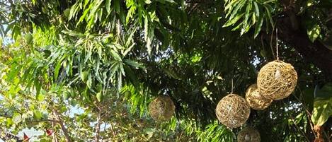 An outdoor seating area with wicker furniture and hanging spherical decorations.