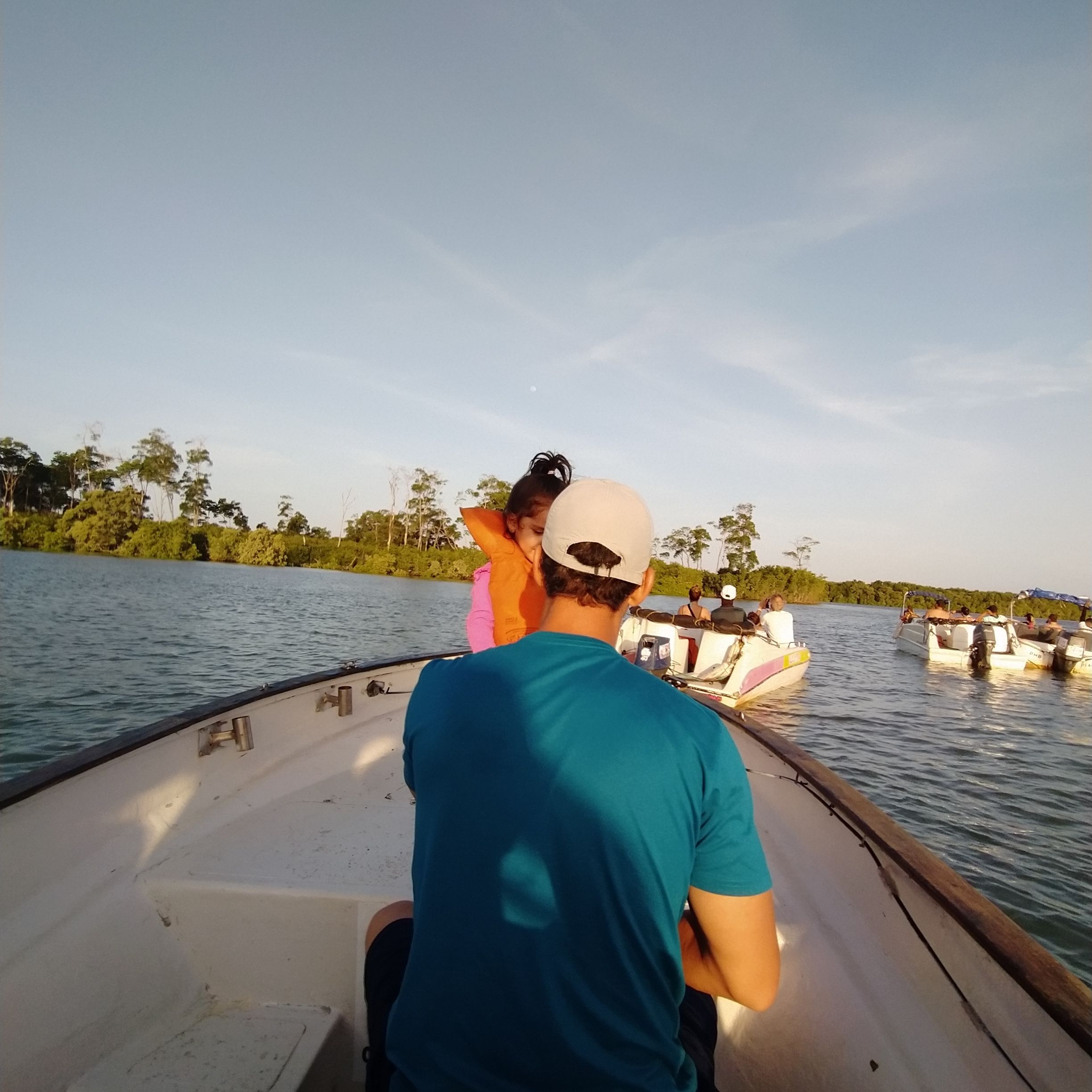 Un bote con pasajeros, un cuerpo de agua tranquila y una orilla arbolada.